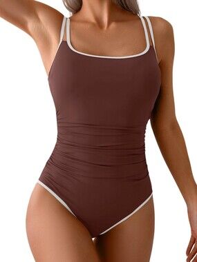 Eomenie Tummy Control Swimsuit Push Up One Piece Ruched Double Strap Brown S